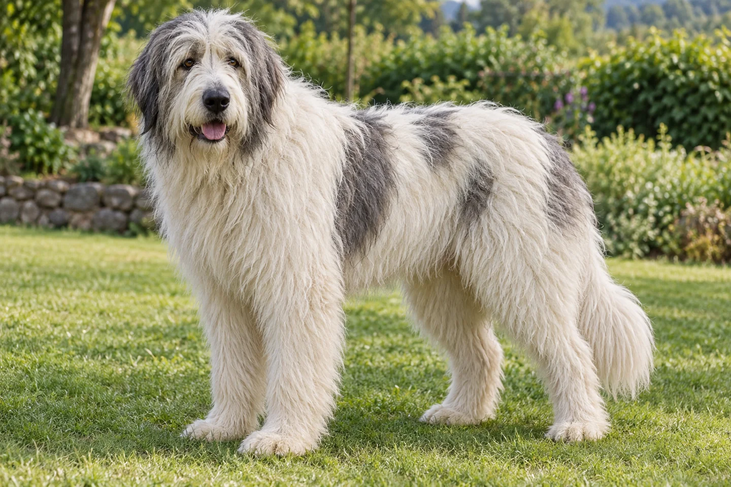 Romanian Mioritic Shepherd Dog adult standing naturally on a garden lawn, showing white with grey patches and long coat