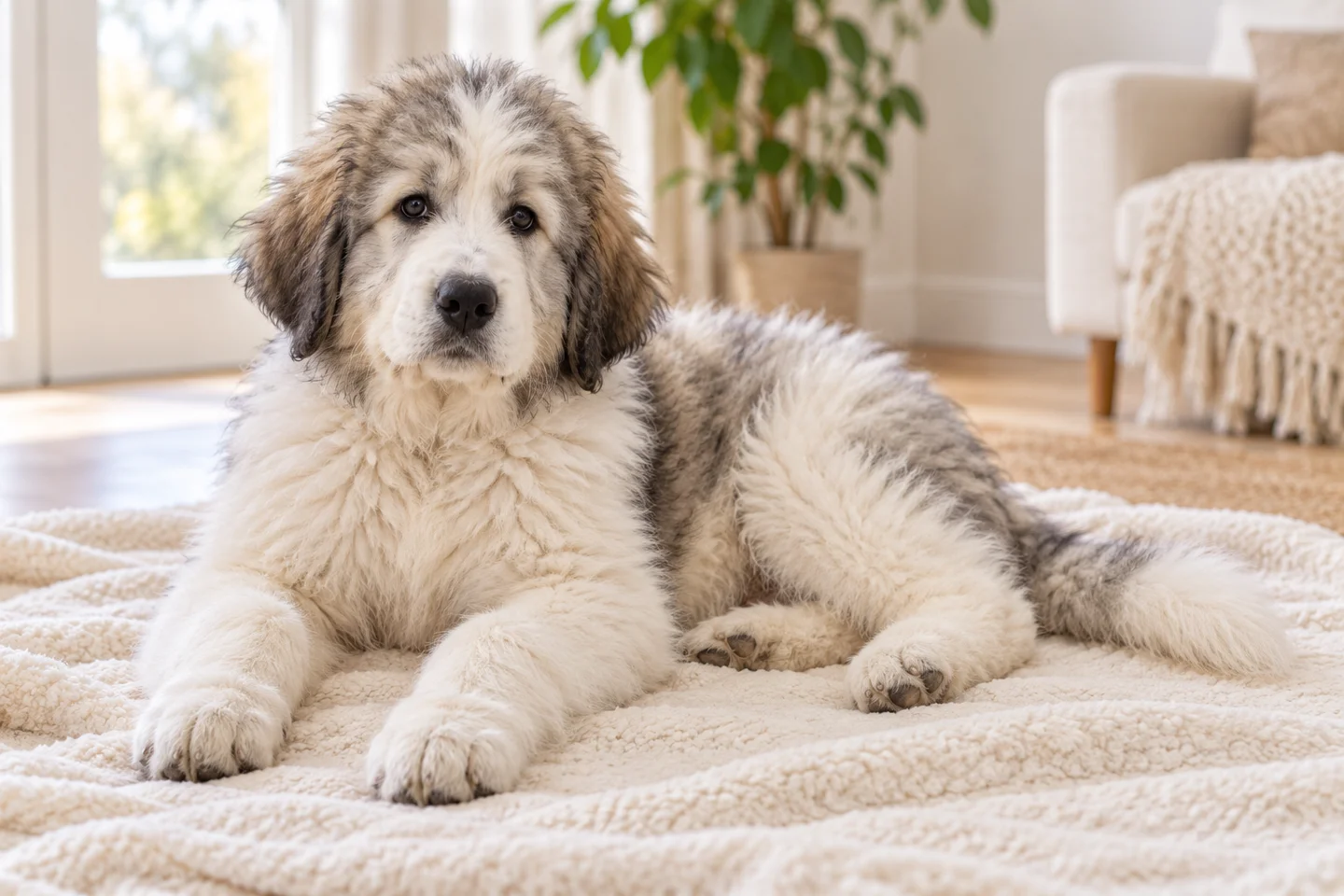 Romanian Mioritic Shepherd Dog older puppy resting on a blanket indoors, showing white with grey patches and long coat