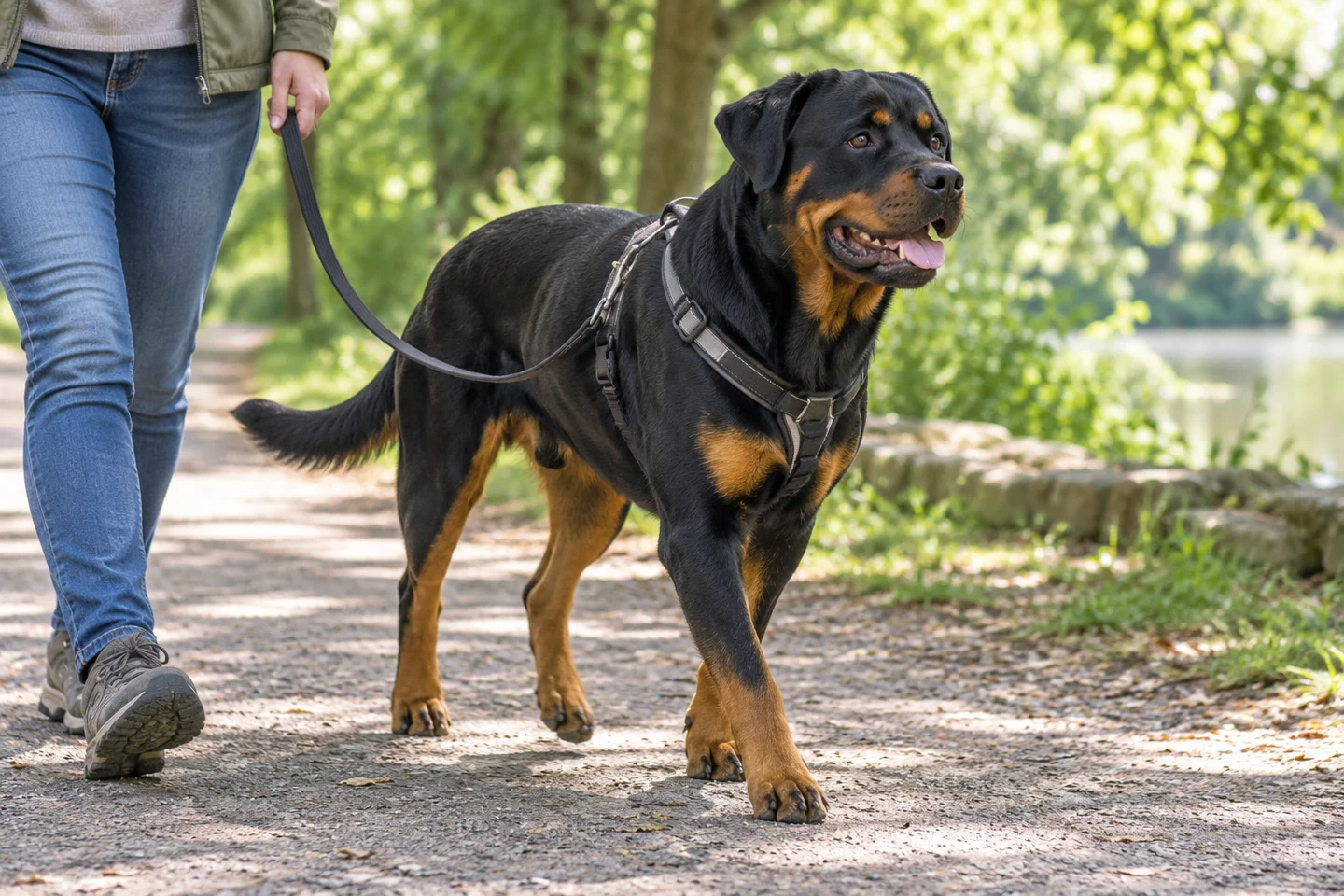 Adult Rottweiler walking beside a person on a shaded path with a harness and slack lead