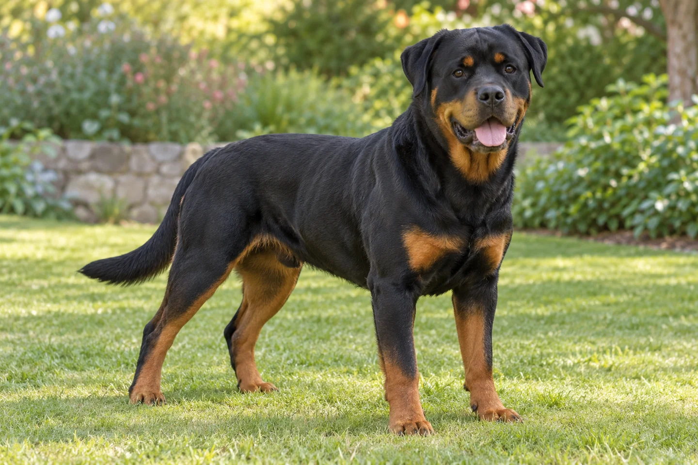 Adult black and rust Rottweiler with natural ears and a long tail standing on a garden lawn