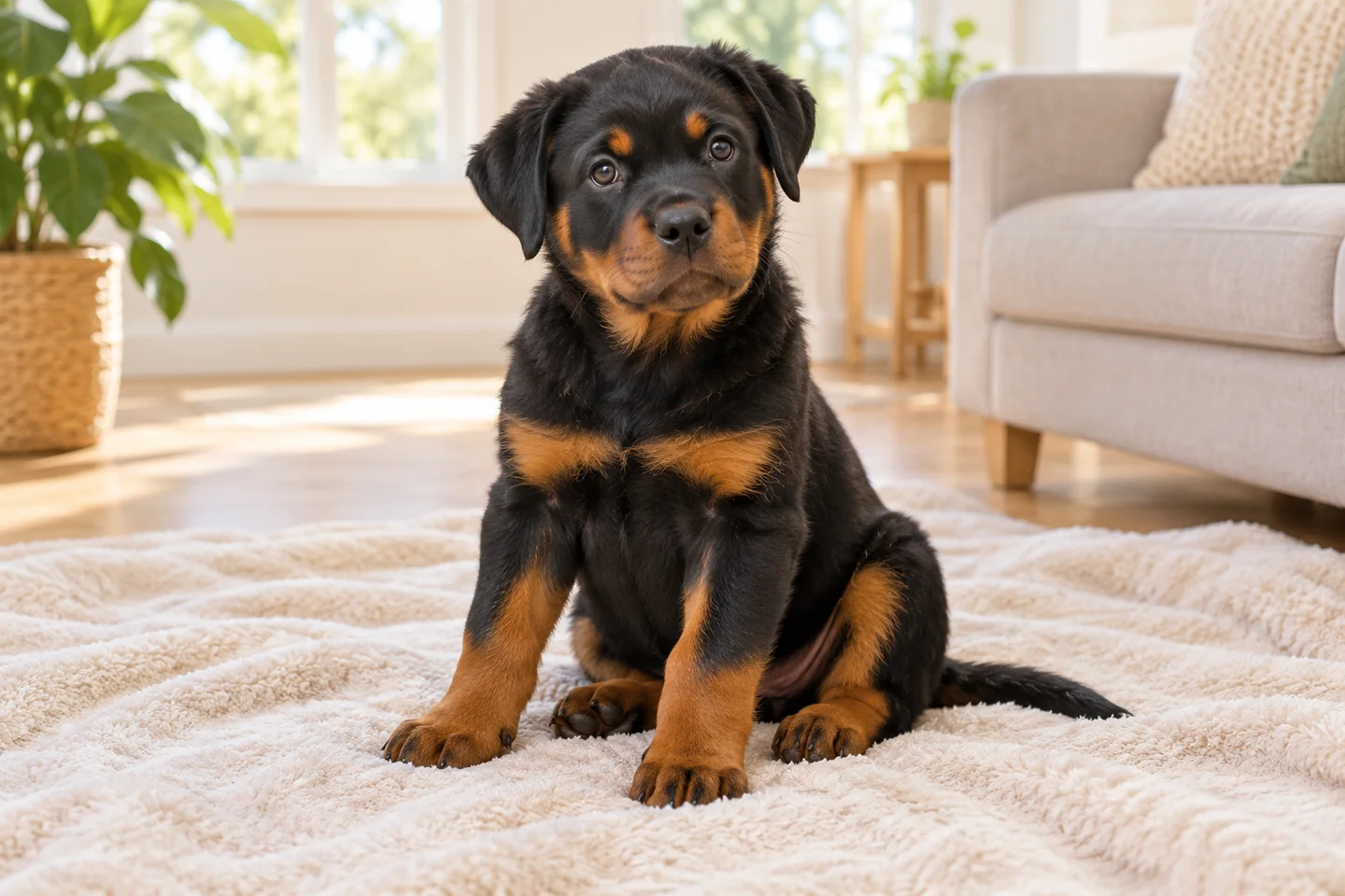 Black and rust Rottweiler puppy sitting on a soft blanket indoors