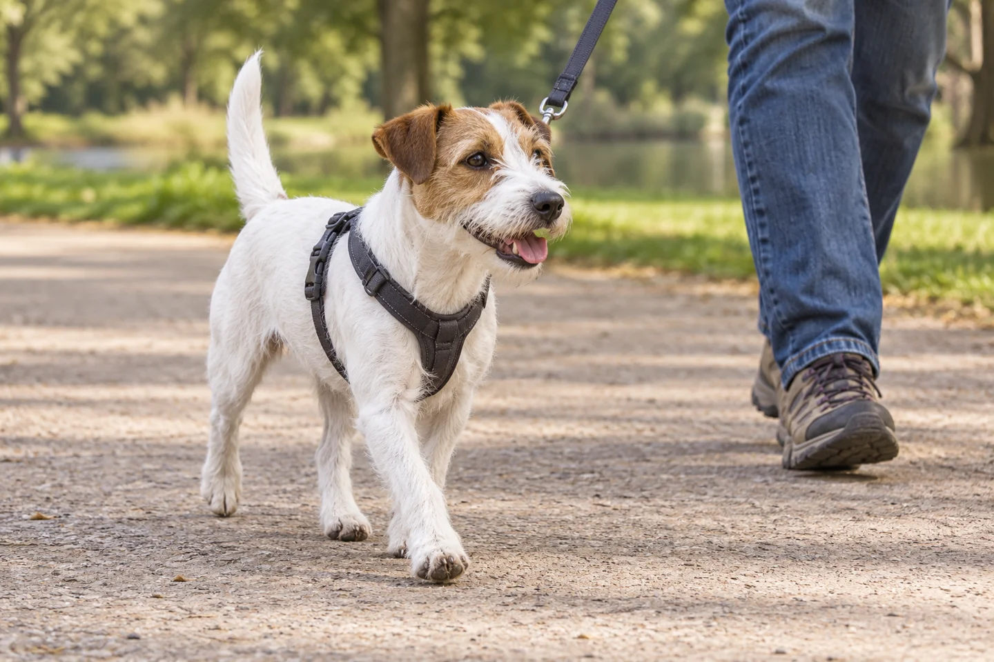 Russell Terrier walking in a fitted harness beside an adult handler, showing white and tan broken coat
