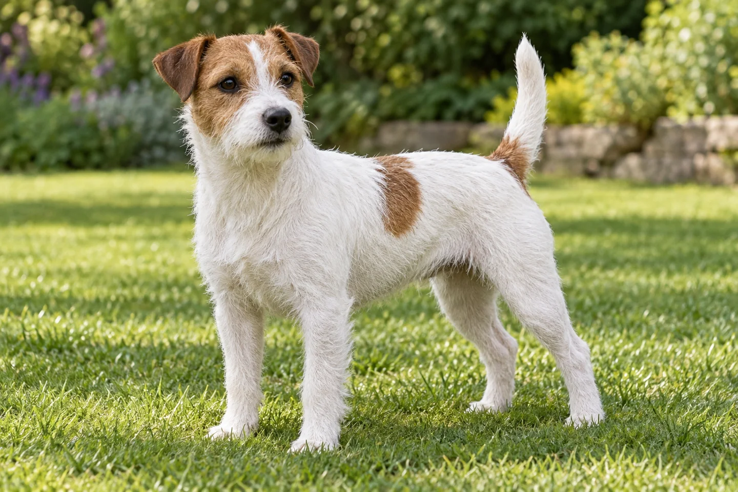 Russell Terrier adult standing naturally on a garden lawn, showing white and tan broken coat