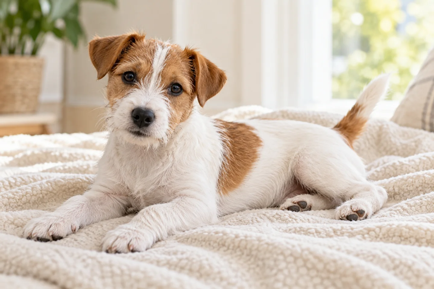 Russell Terrier older puppy resting on a blanket indoors, showing white and tan broken coat
