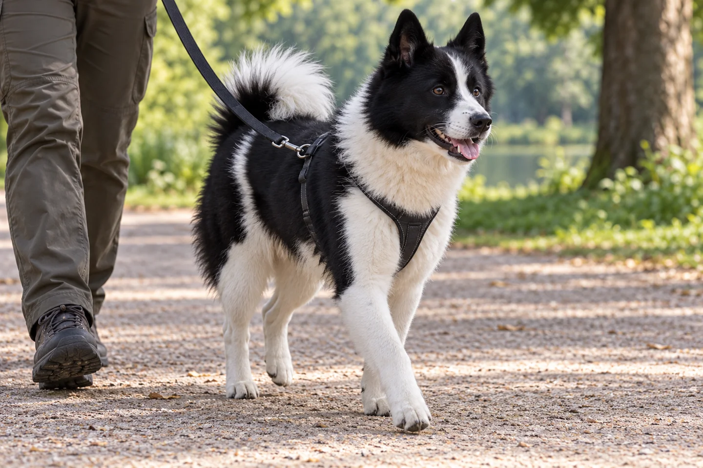 Russian-European Laika walking in a fitted harness beside an adult handler, showing black and white dense double coat