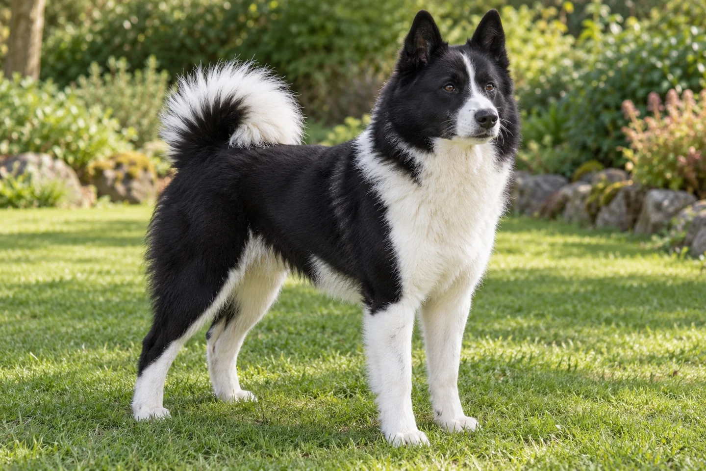 Russian-European Laika adult standing naturally on a garden lawn, showing black and white dense double coat