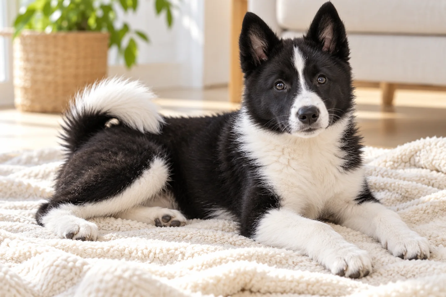 Russian-European Laika older puppy resting on a blanket indoors, showing black and white dense double coat