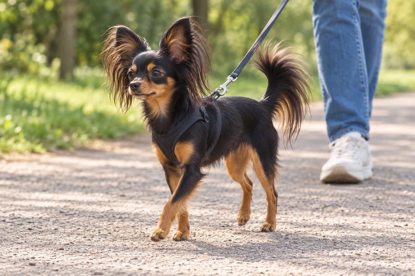 Russian Toy walking in a fitted harness beside an adult handler, showing long-haired black and tan