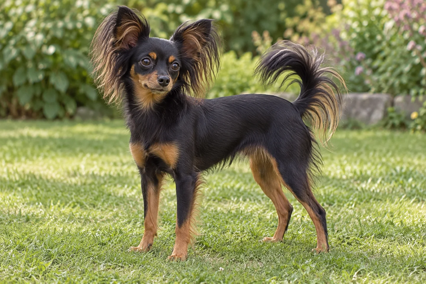 Russian Toy adult standing naturally on a garden lawn, showing long-haired black and tan