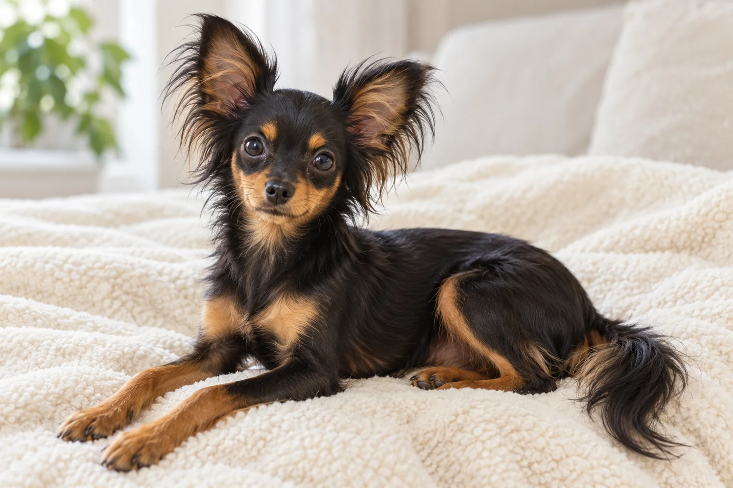 Russian Toy older puppy resting on a blanket indoors, showing long-haired black and tan