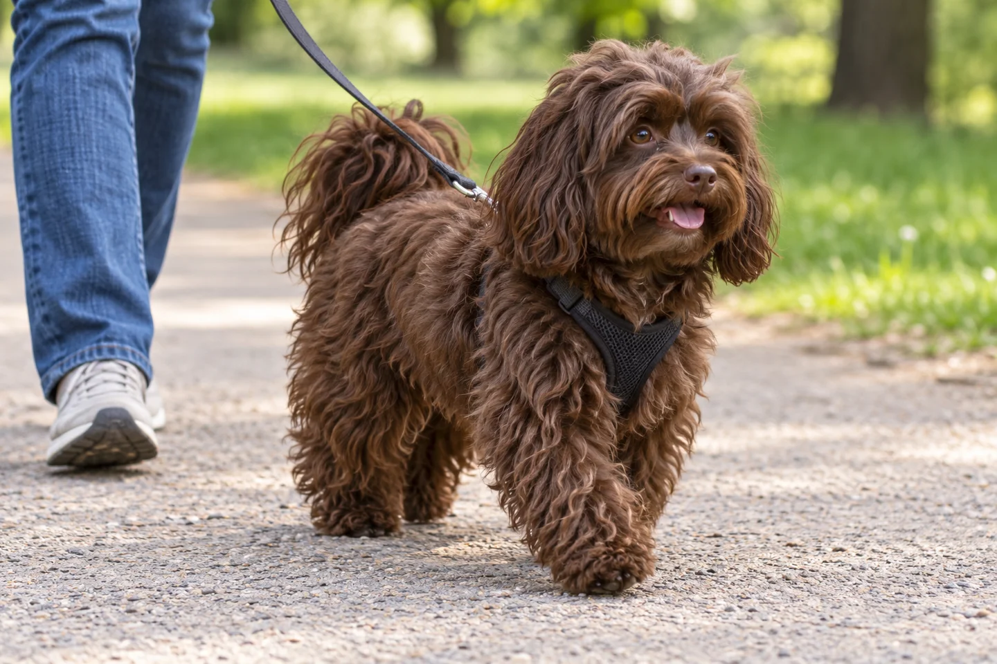 Russian Tsvetnaya Bolonka walking in a fitted harness beside an adult handler, showing chocolate-brown wavy-curly coat