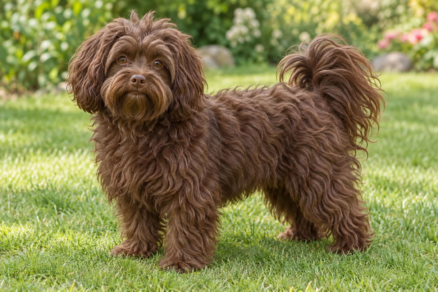Russian Tsvetnaya Bolonka adult standing naturally on a garden lawn, showing chocolate-brown wavy-curly coat