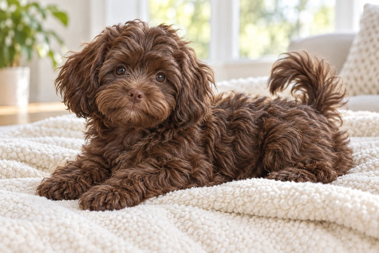 Russian Tsvetnaya Bolonka older puppy resting on a blanket indoors, showing chocolate-brown wavy-curly coat