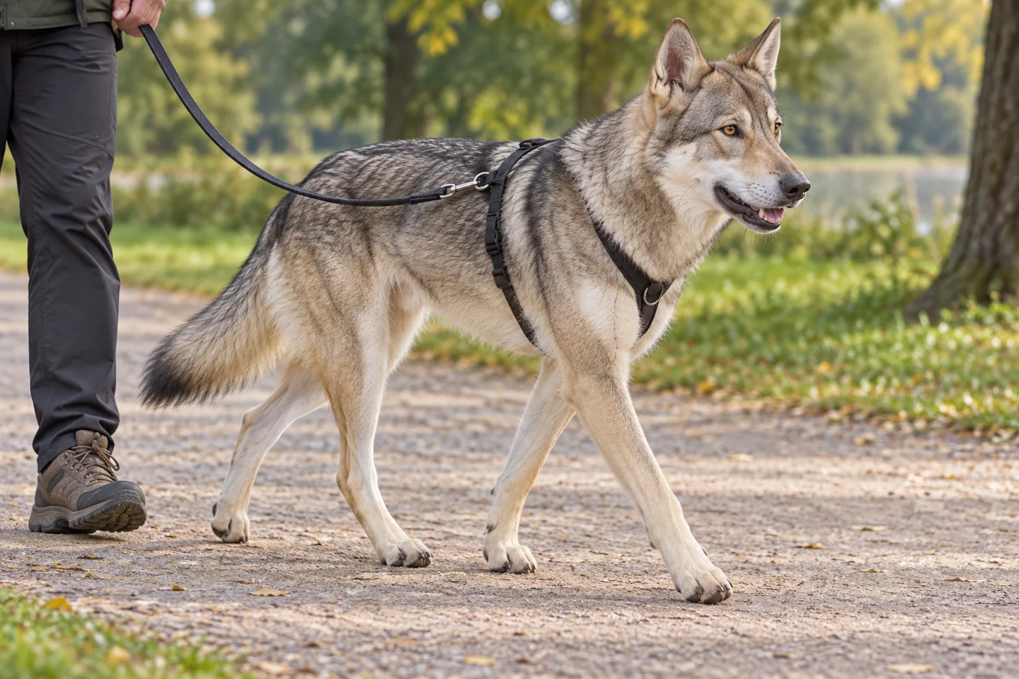 A wolf-grey Saarloos Wolfdog on a slack harness lead during a quiet park walk