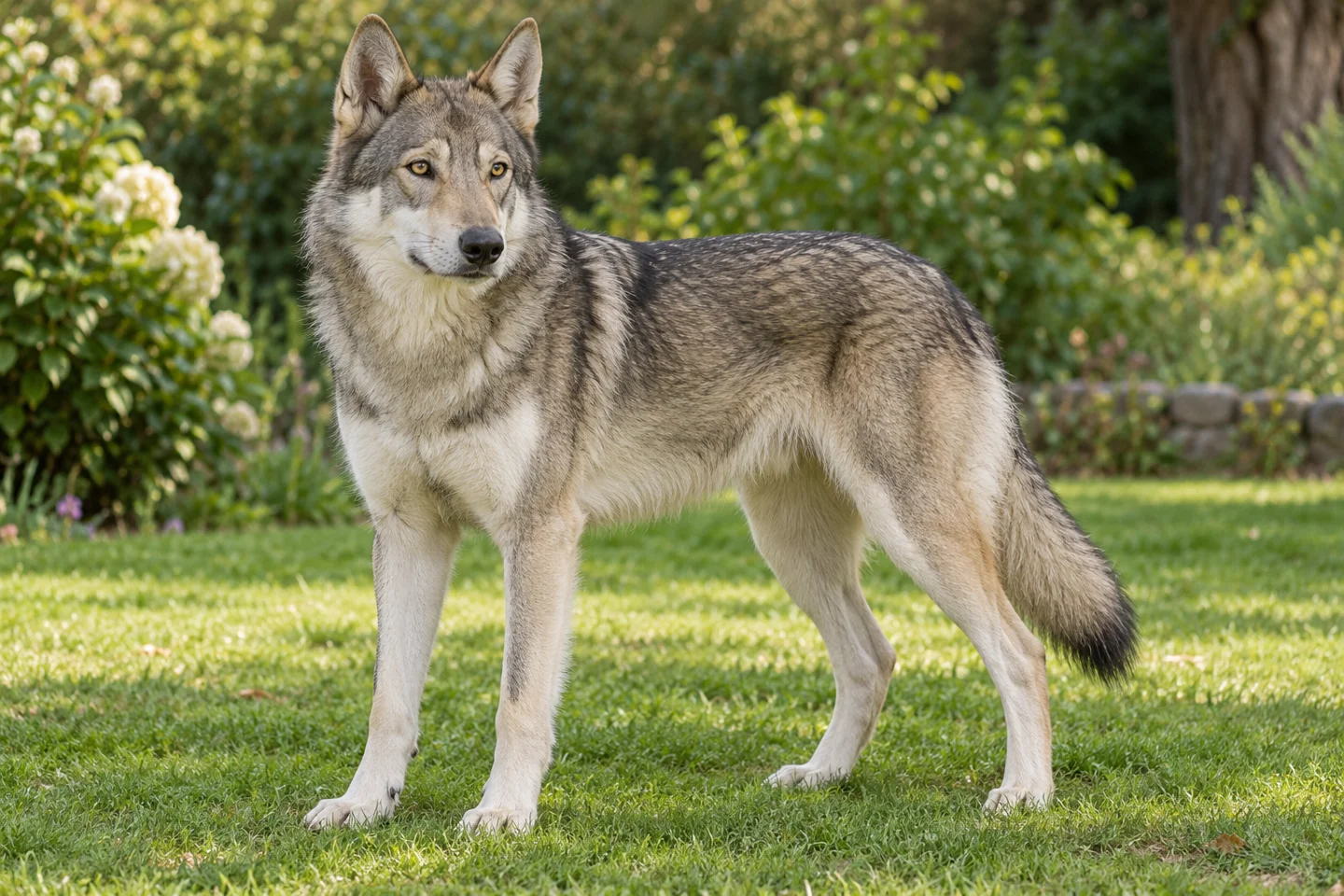 An adult wolf-grey Saarloos Wolfdog with upright ears and a full low tail in a garden