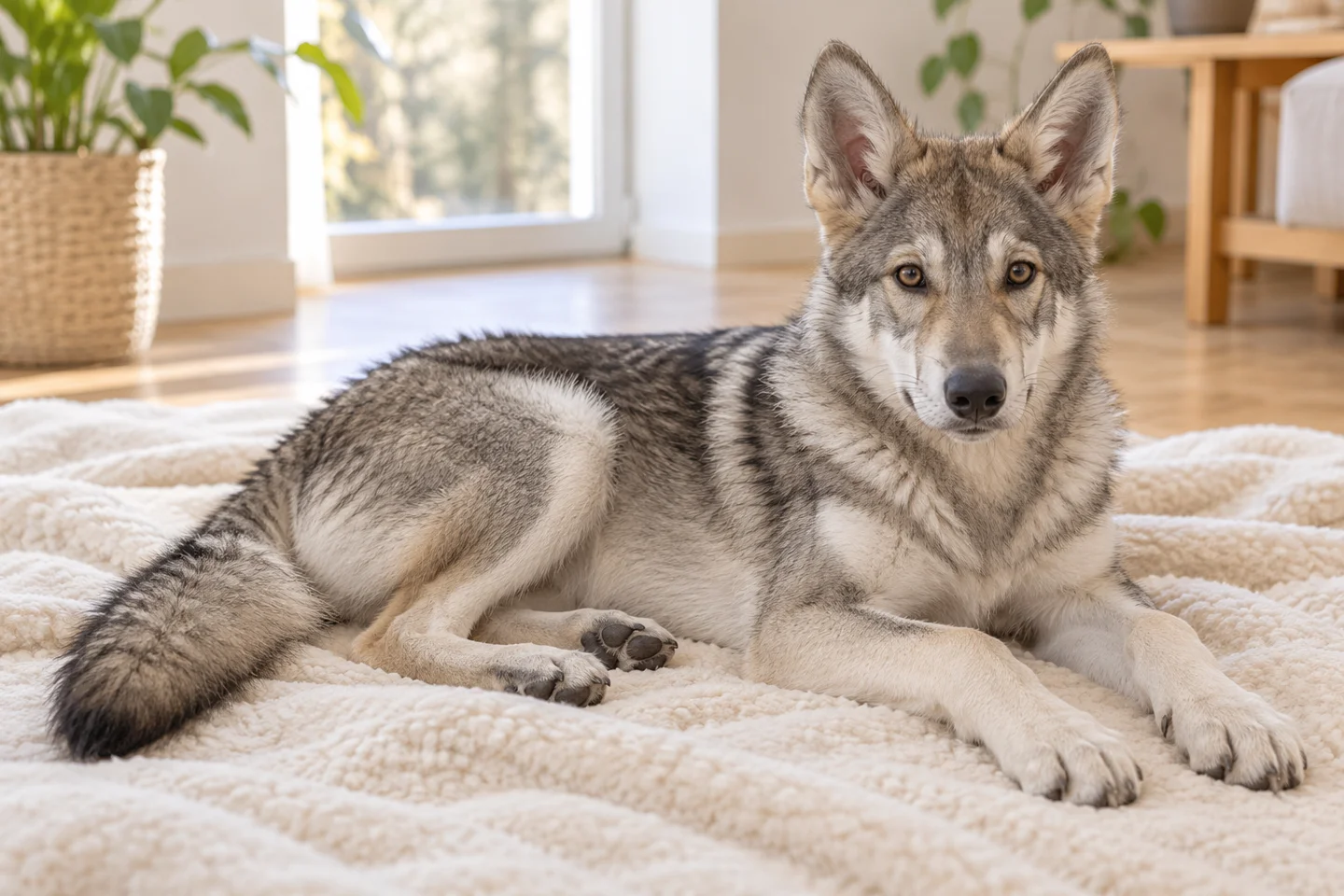 A young wolf-grey Saarloos Wolfdog resting comfortably on a blanket indoors