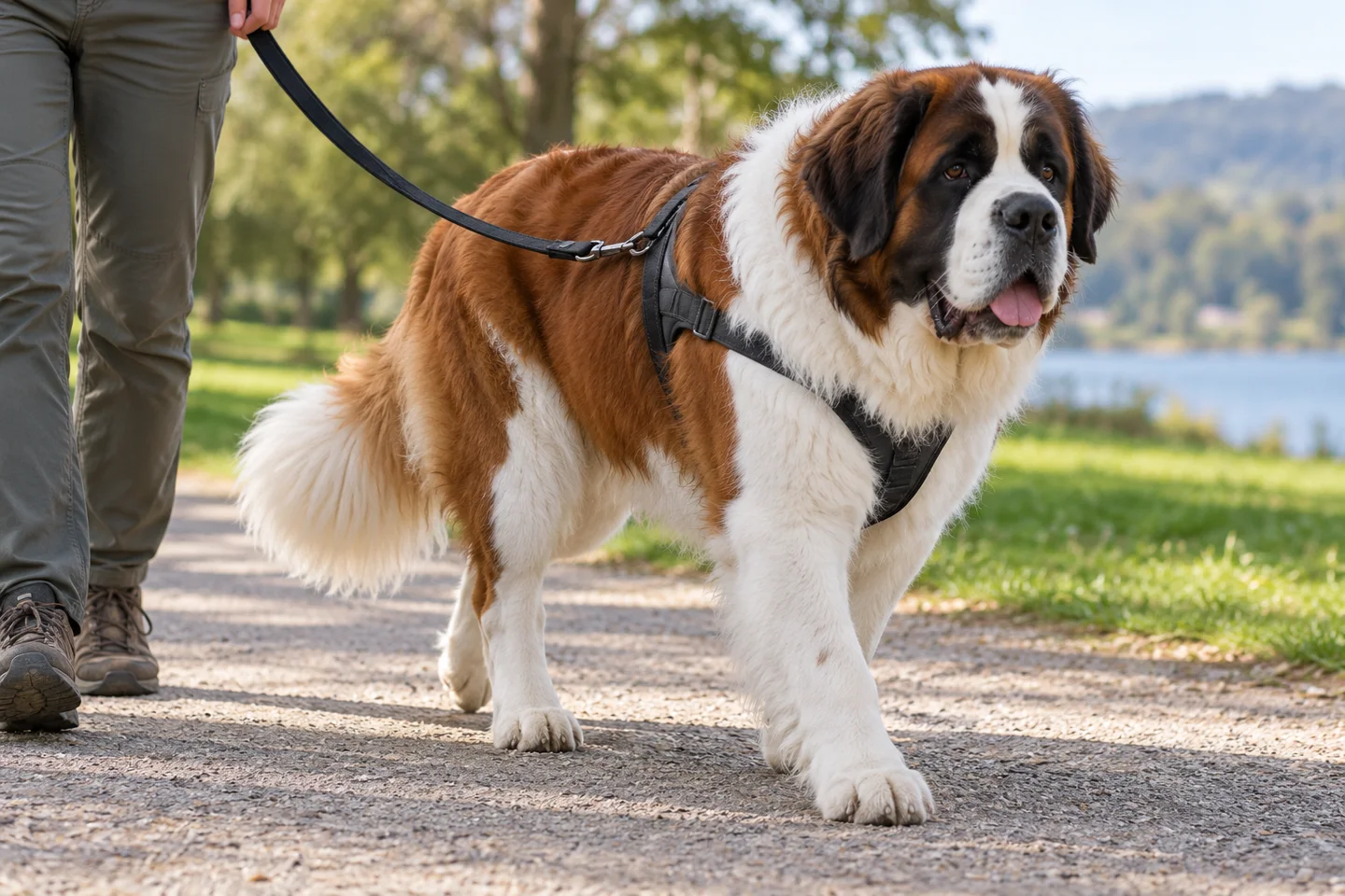 Saint Bernard walking in a fitted harness beside an adult handler, showing long-haired red mantle and white