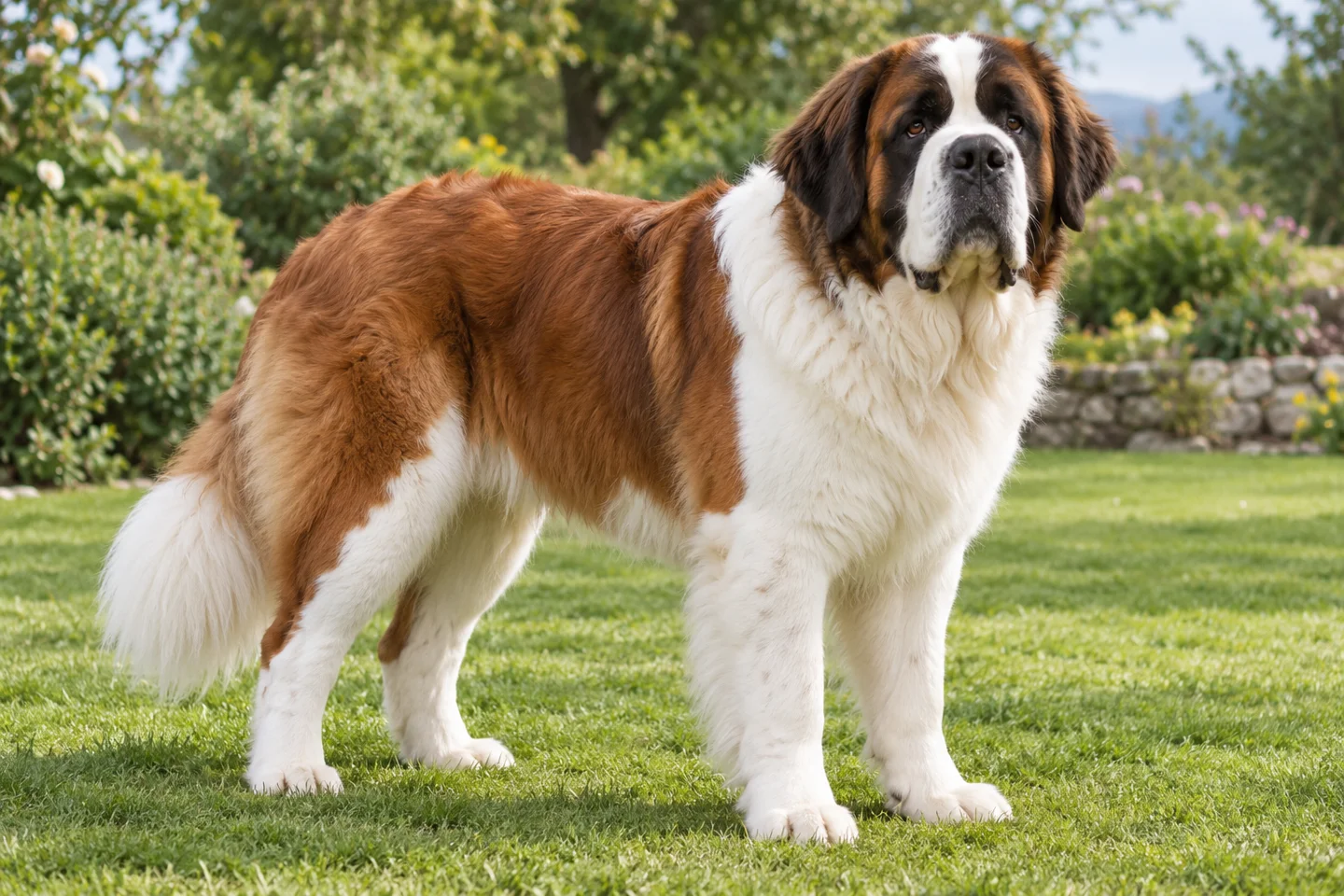 Saint Bernard adult standing naturally on a garden lawn, showing long-haired red mantle and white
