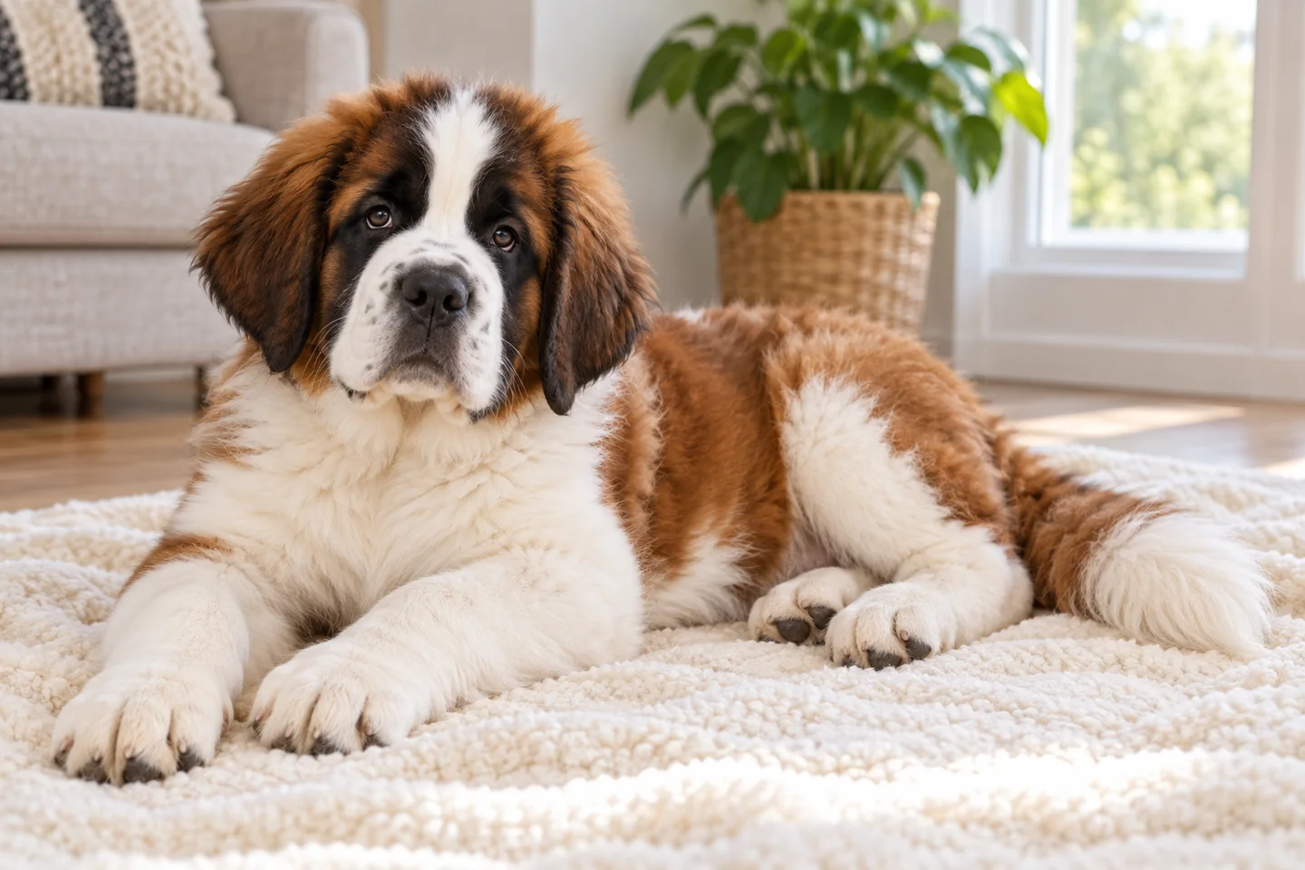 Saint Bernard older puppy resting on a blanket indoors, showing long-haired red mantle and white