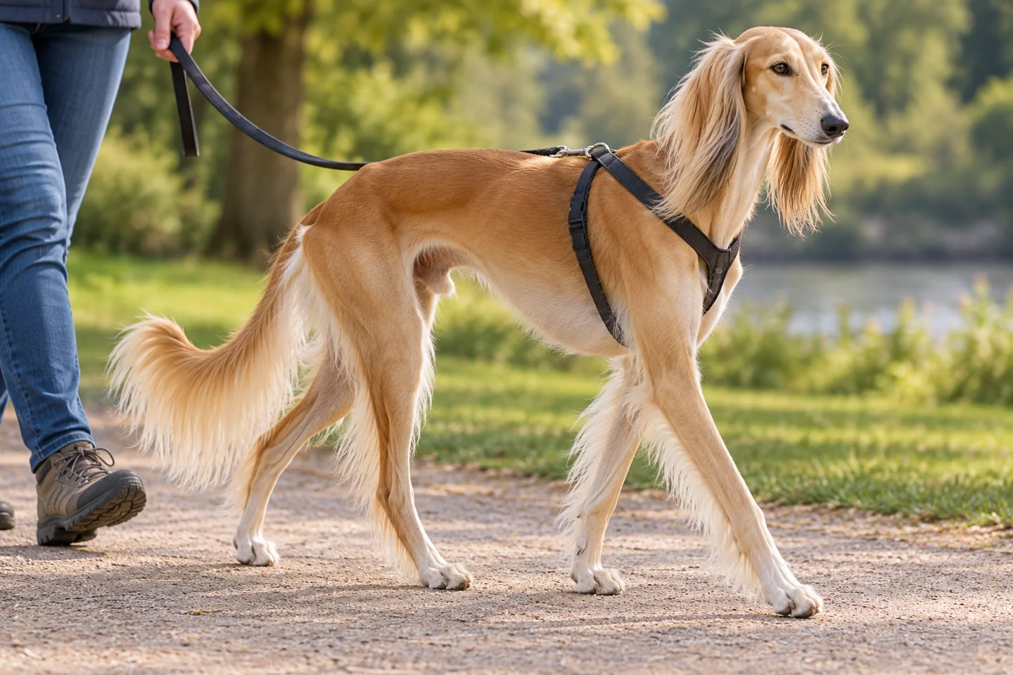 Saluki walking in a fitted harness beside an adult handler, showing golden-fawn feathered variety