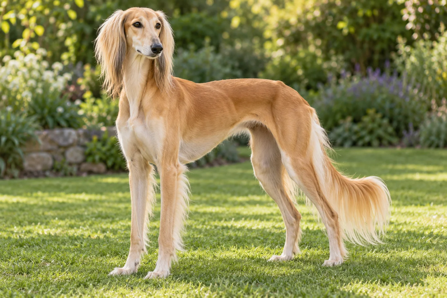Saluki adult standing naturally on a garden lawn, showing golden-fawn feathered variety