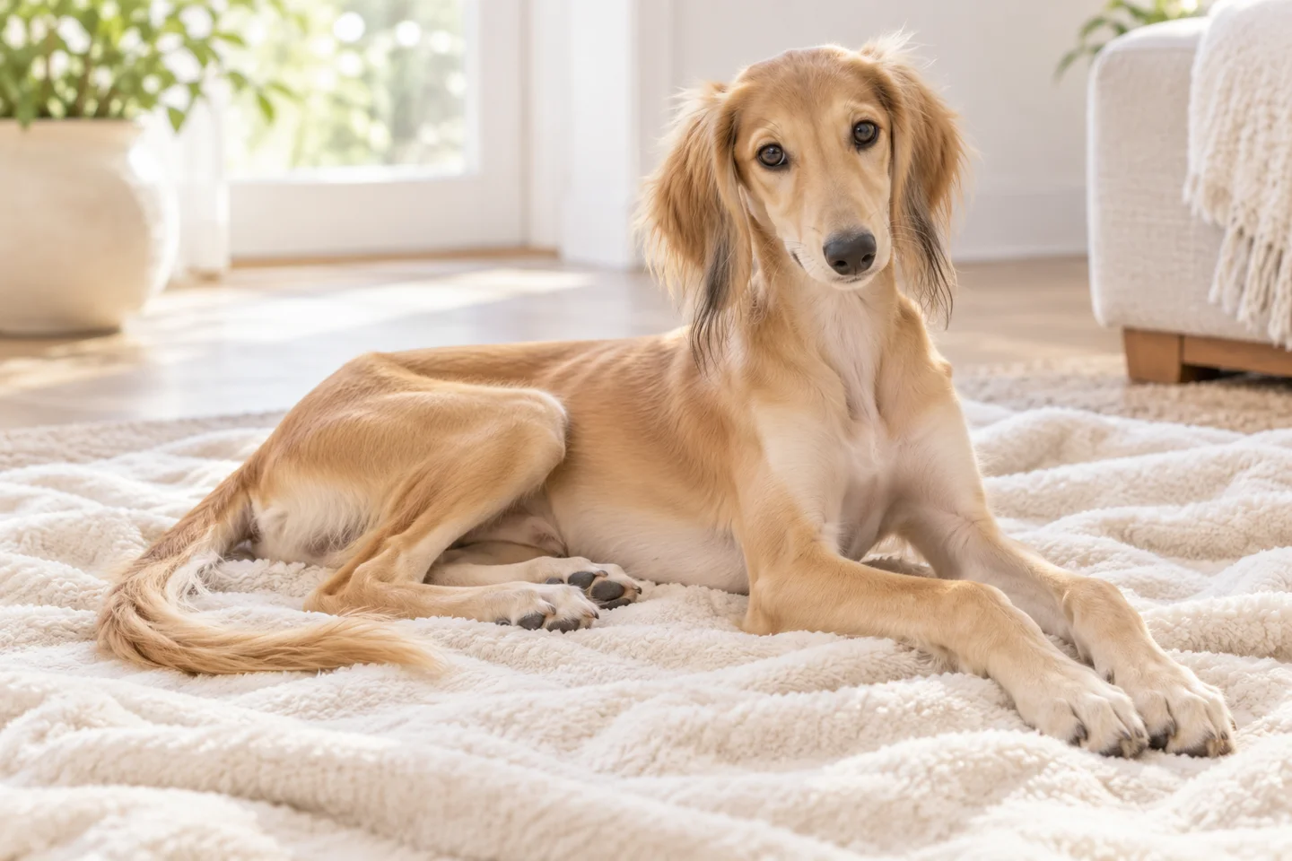 Saluki older puppy resting on a blanket indoors, showing golden-fawn feathered variety