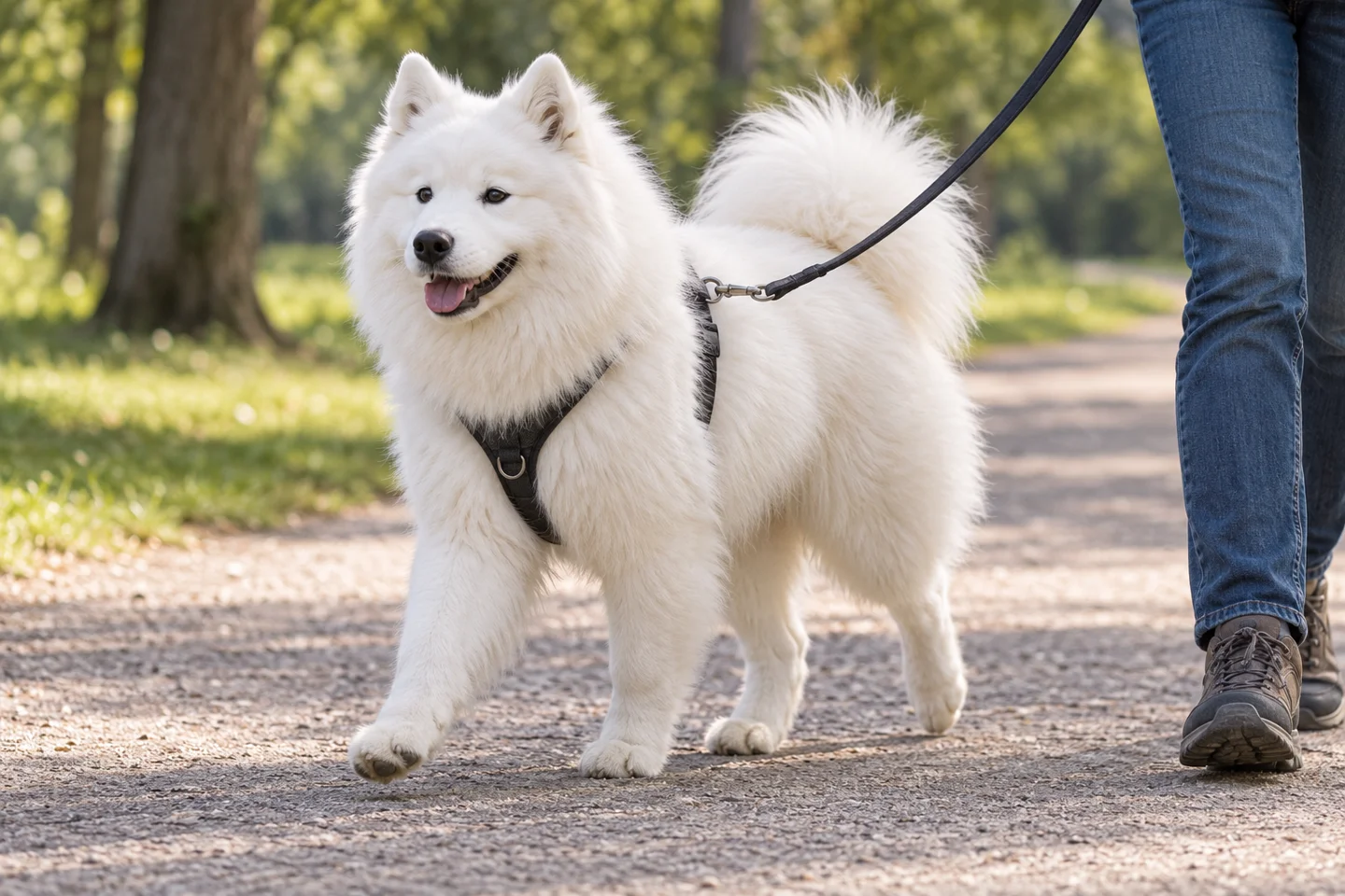 A white Samoyed walking comfortably on a slack harness lead beside an adult in a quiet park