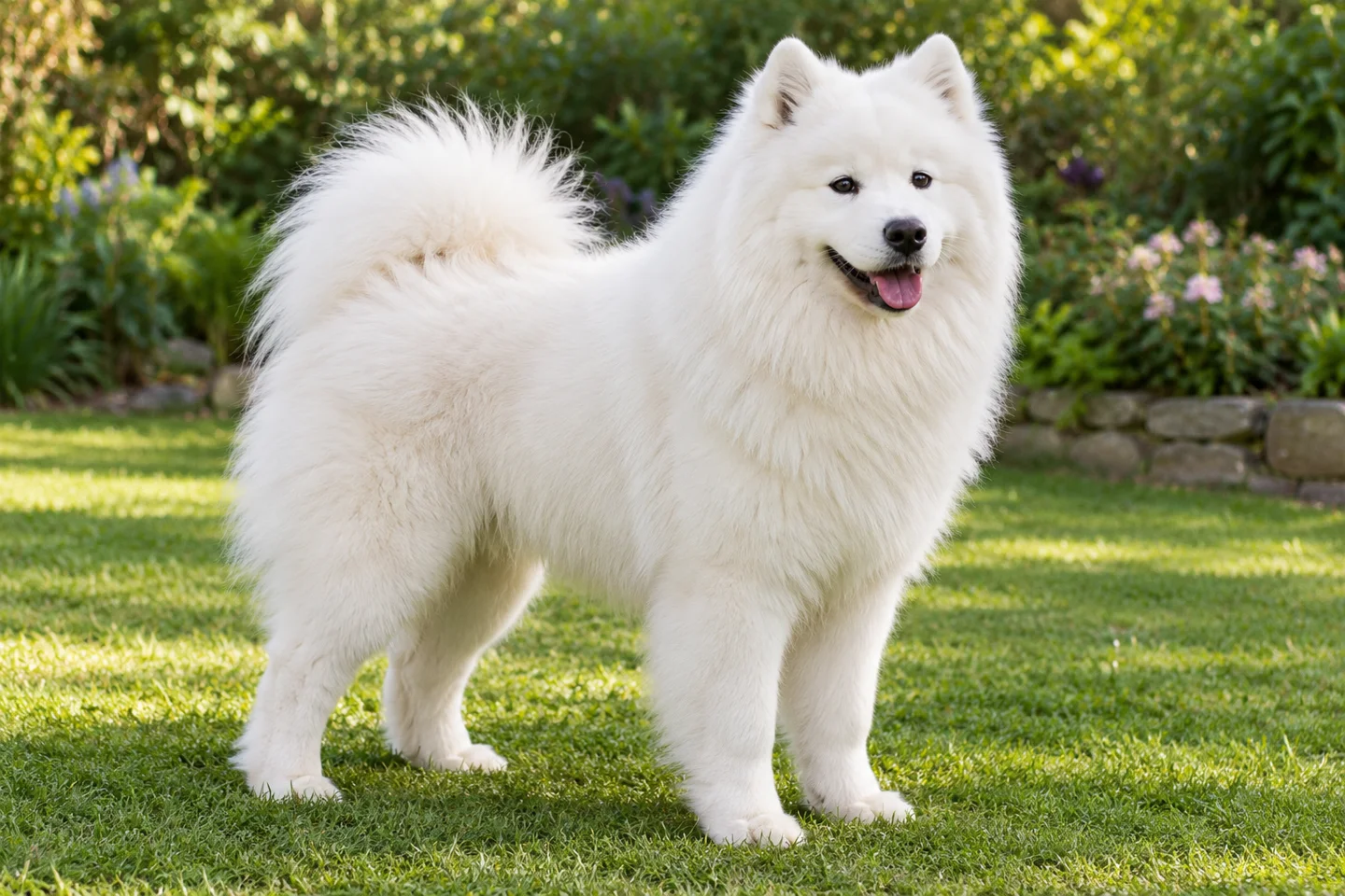 A white adult Samoyed with upright ears, a full double coat and plumed tail in a garden