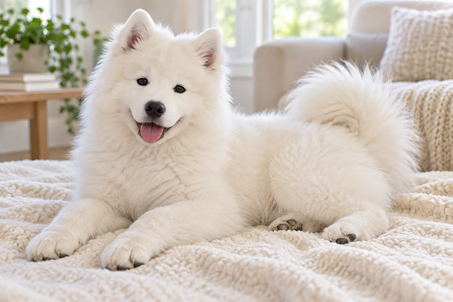 A white Samoyed puppy resting on a soft blanket with a developing coat indoors