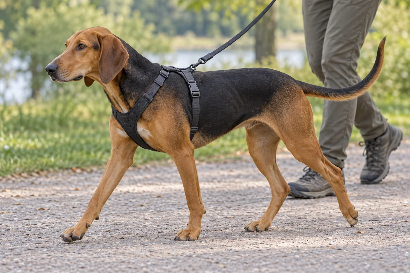 Schiller Hound adult walking in a harness beside an adult handler, showing the selected breed type