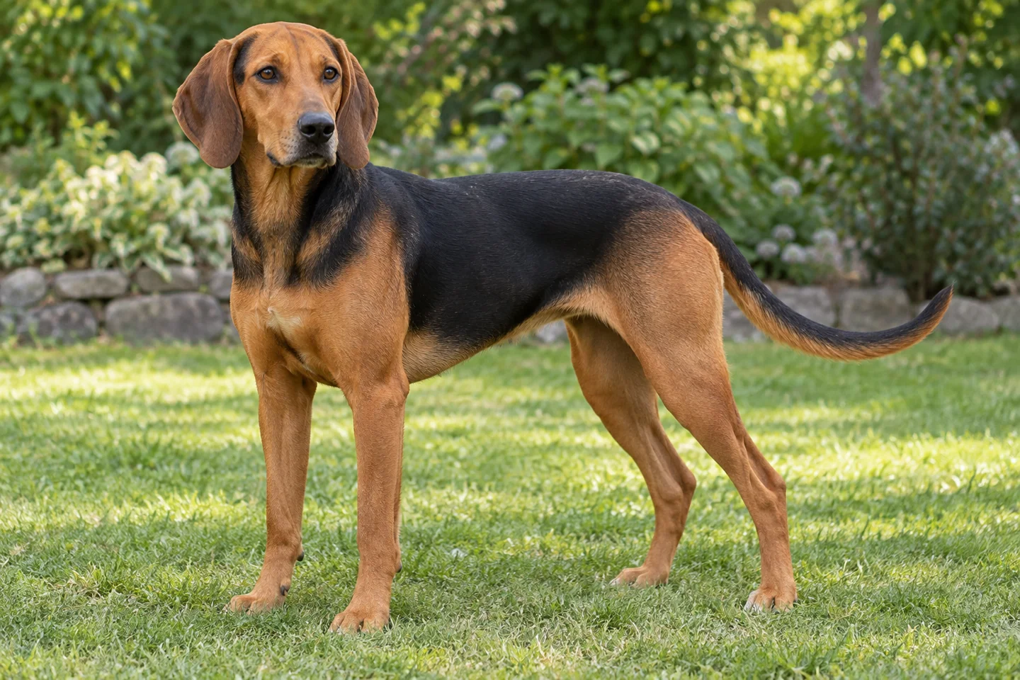 Schiller Hound adult standing in a quiet outdoor setting, showing the selected breed type
