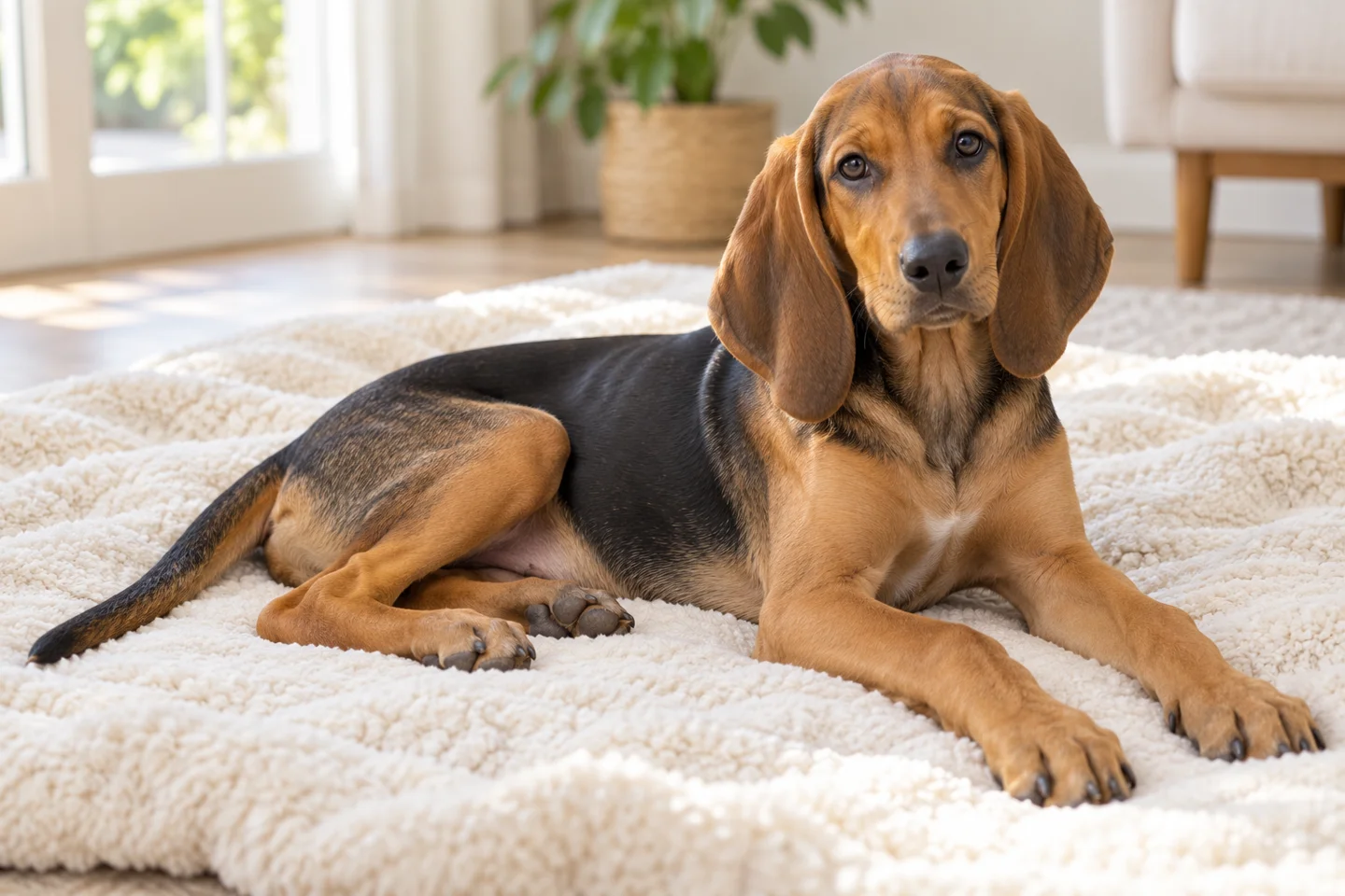 Schiller Hound young dog resting indoors, showing the selected breed type