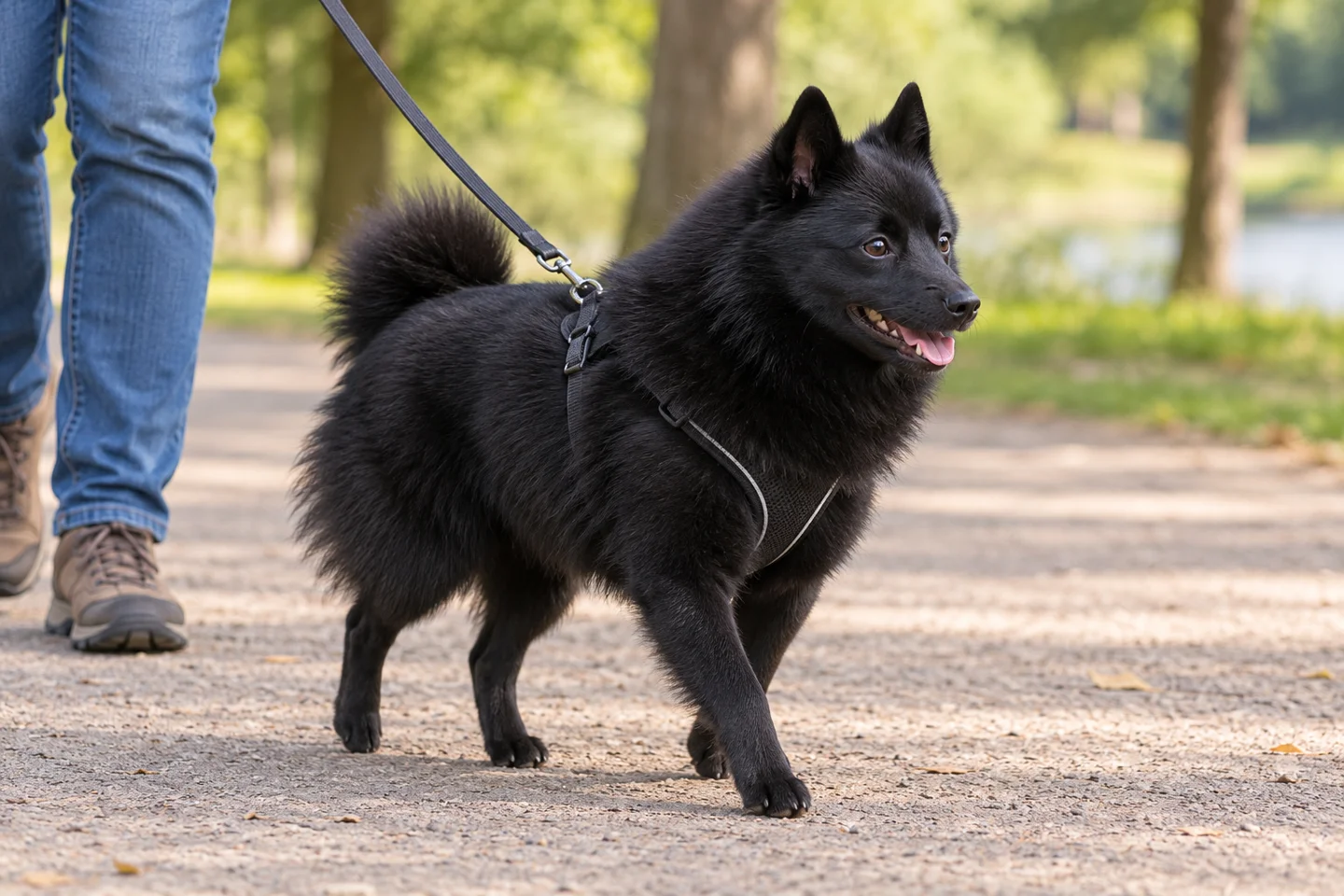 Schipperke adult walking in a harness beside an adult handler, showing the selected breed type