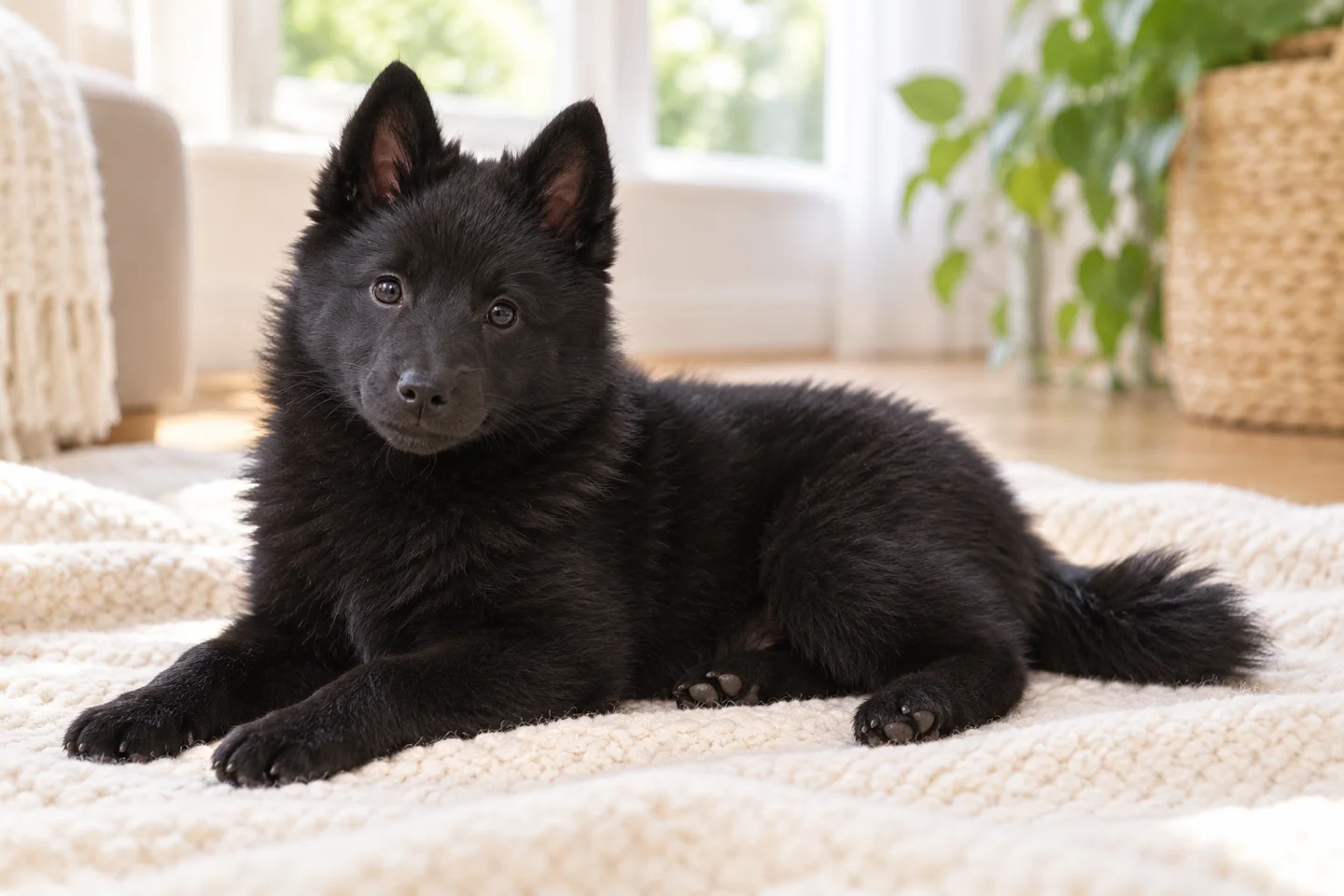 Schipperke young dog resting indoors, showing the selected breed type