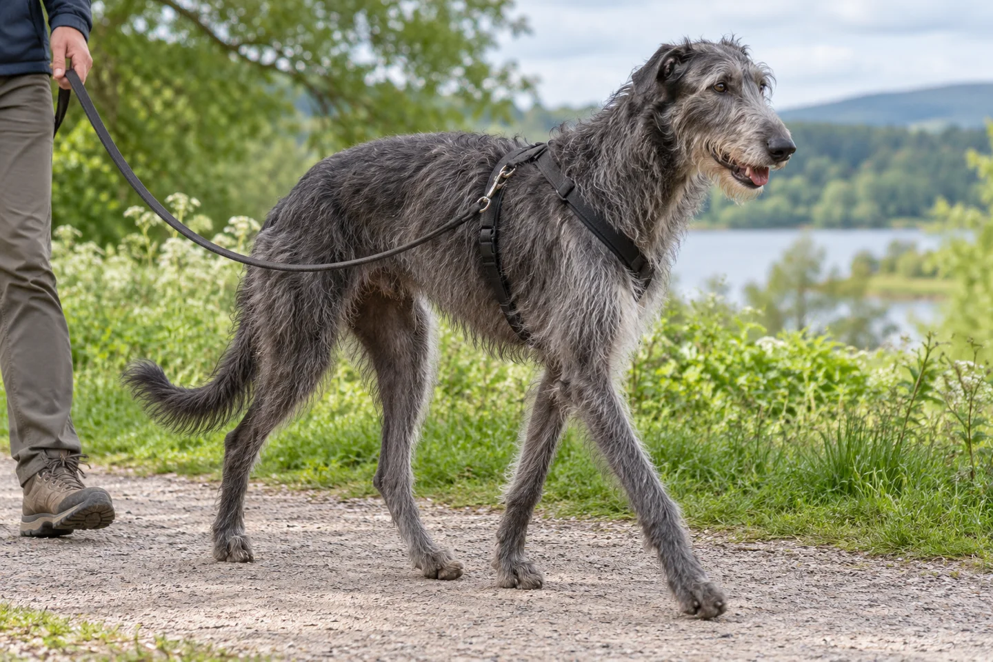 Dark blue-gray Scottish Deerhound with rough coat, natural rose ears, and long intact tail adult enjoying a controlled walk in a fitted harness
