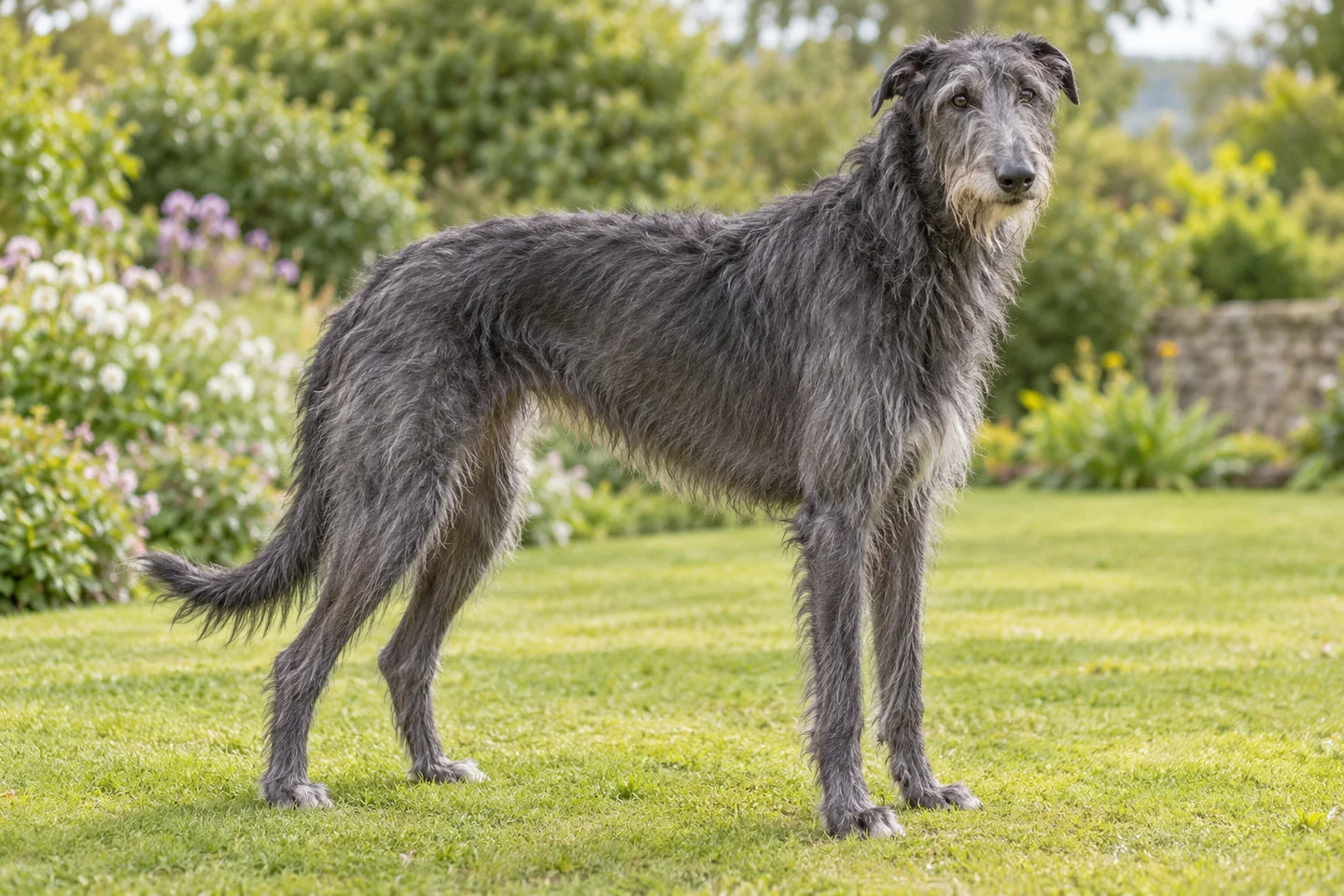 Dark blue-gray Scottish Deerhound with rough coat, natural rose ears, and long intact tail adult standing outdoors with its full body visible