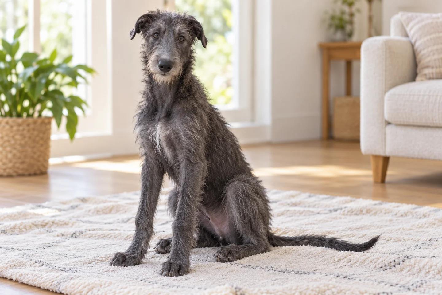 Dark blue-gray Scottish Deerhound with rough coat, natural rose ears, and long intact tail puppy resting in a comfortable indoor setting