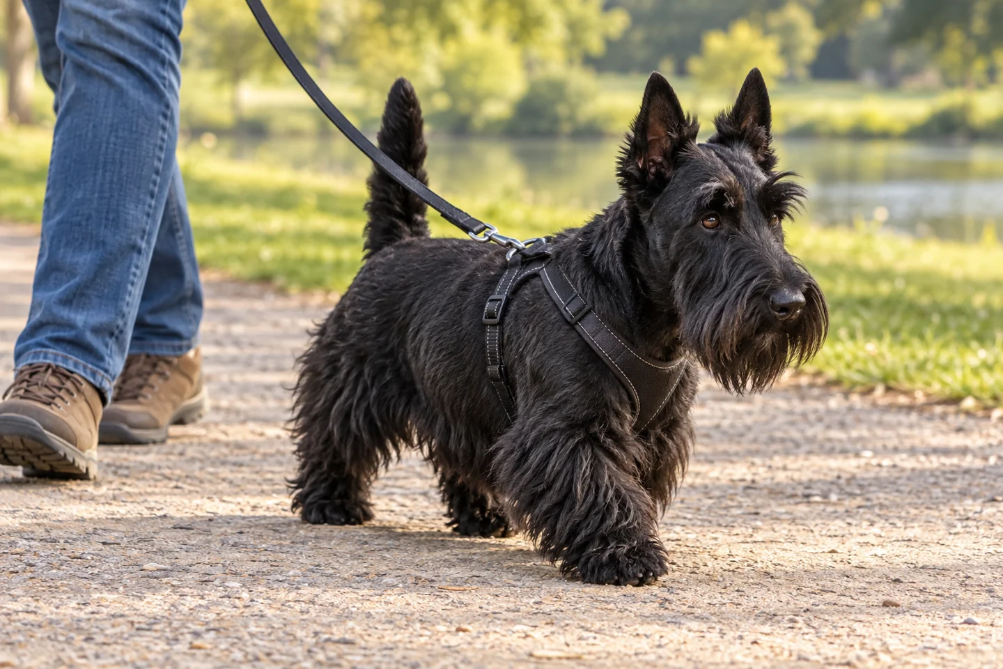 Scottish Terrier adult walking in a harness beside an adult handler, showing the selected breed type