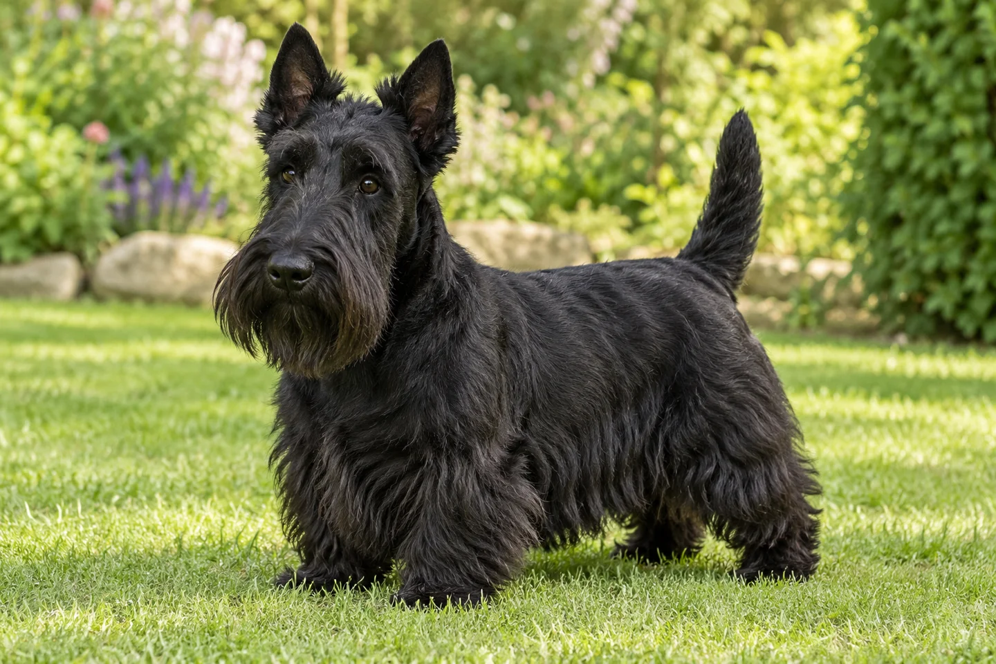 Scottish Terrier adult standing in a quiet outdoor setting, showing the selected breed type