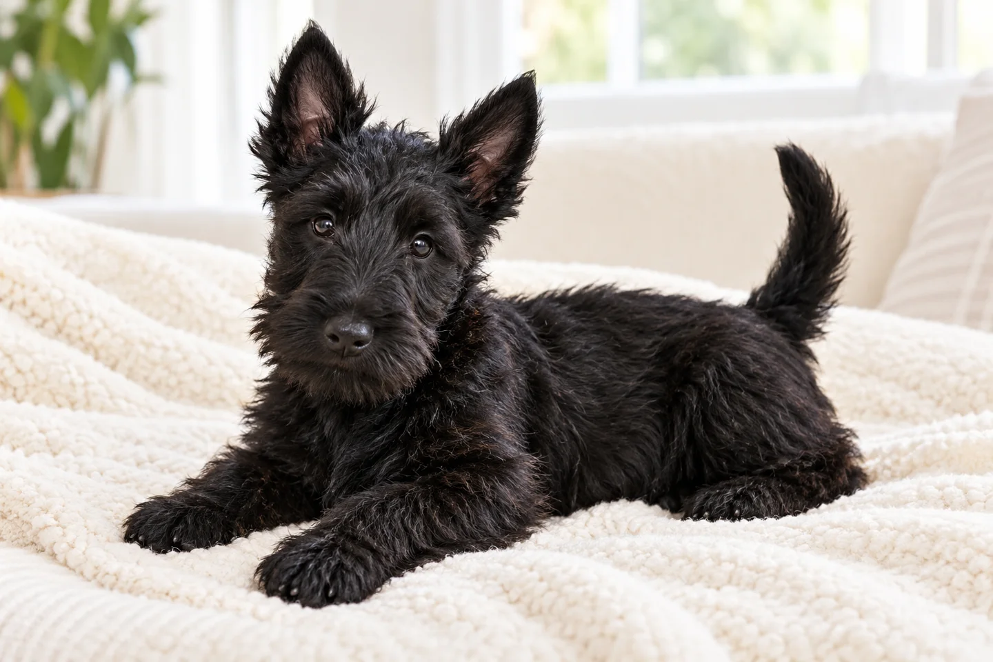 Scottish Terrier young dog resting indoors, showing the selected breed type