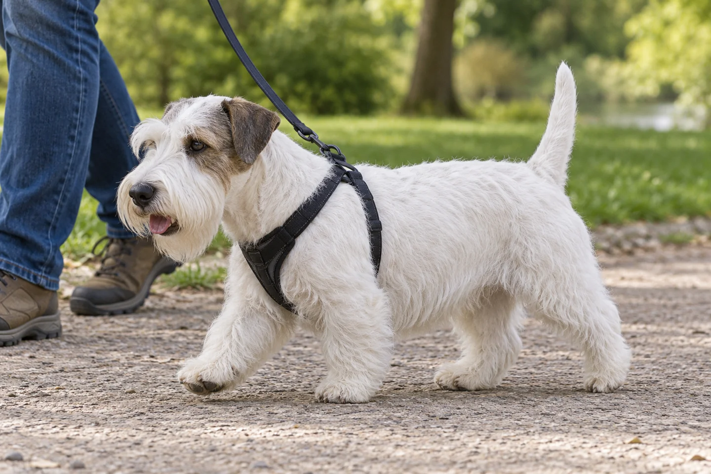 Sealyham Terrier adult walking in a harness beside an adult handler, showing the selected breed type