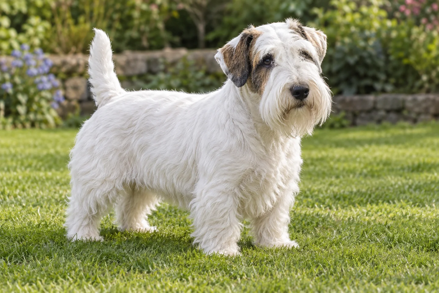 Sealyham Terrier adult standing in a quiet outdoor setting, showing the selected breed type