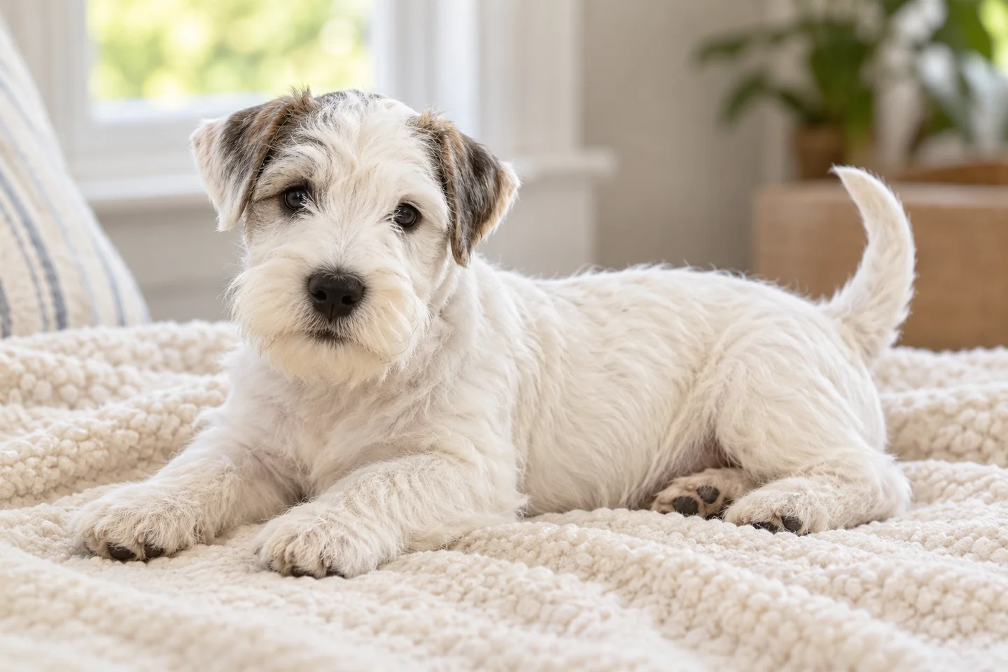 Sealyham Terrier young dog resting indoors, showing the selected breed type