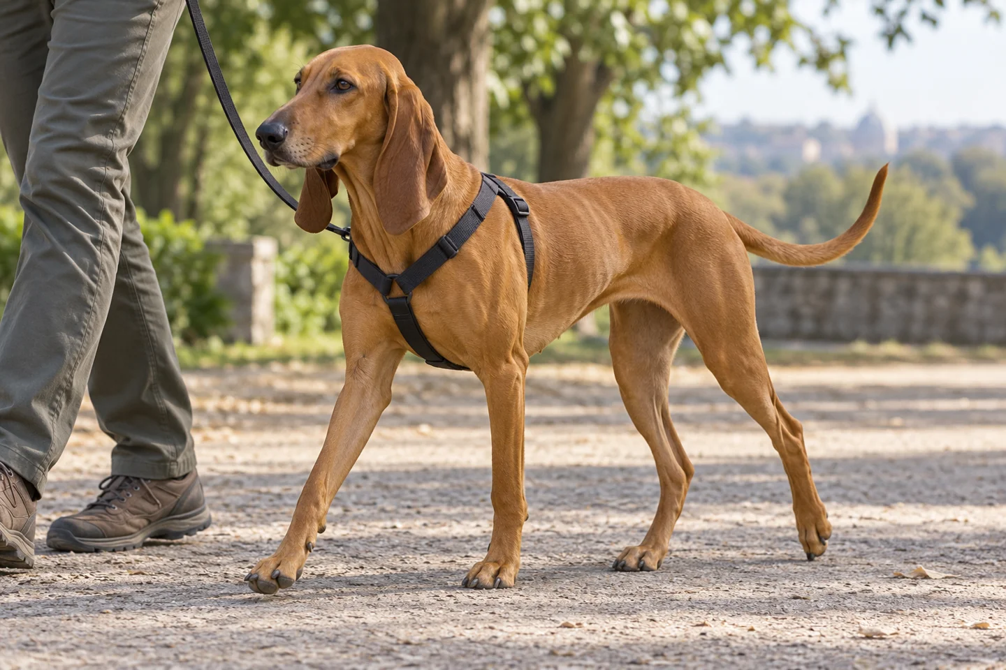 Segugio Italiano adult walking in a harness beside an adult handler, showing the selected breed type