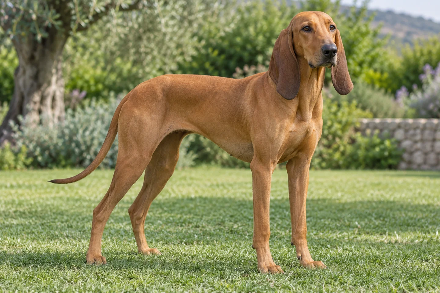 Segugio Italiano adult standing in a quiet outdoor setting, showing the selected breed type