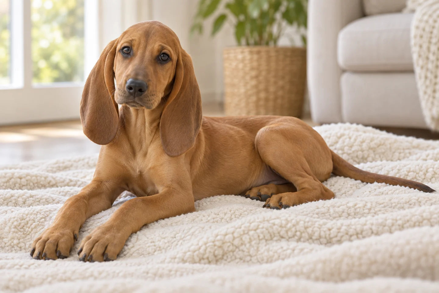 Segugio Italiano young dog resting indoors, showing the selected breed type