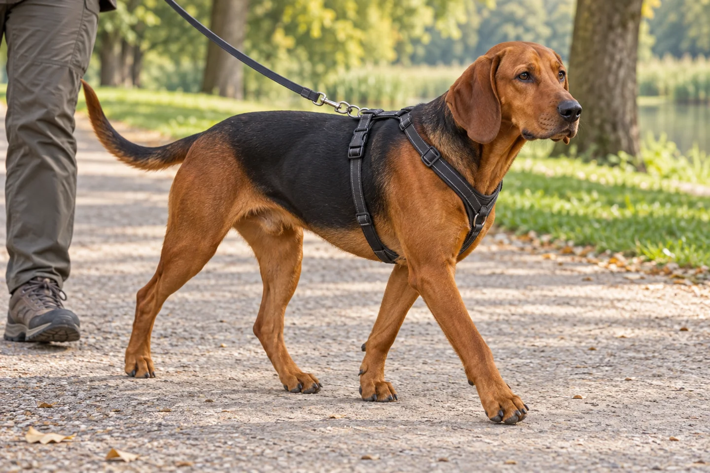 Serbian Hound adult walking in a harness beside an adult handler, showing the selected breed type