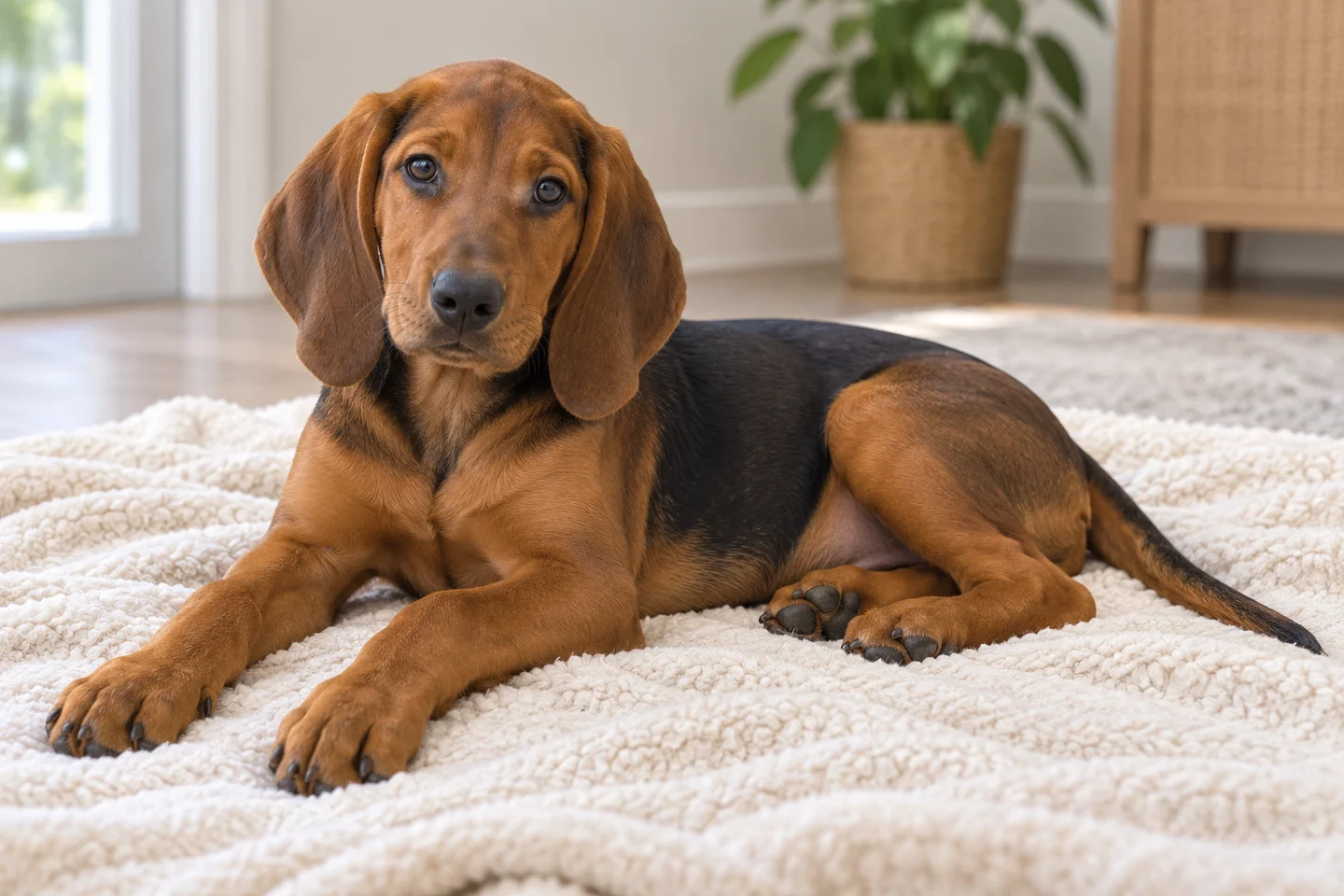 Serbian Hound young dog resting indoors, showing the selected breed type