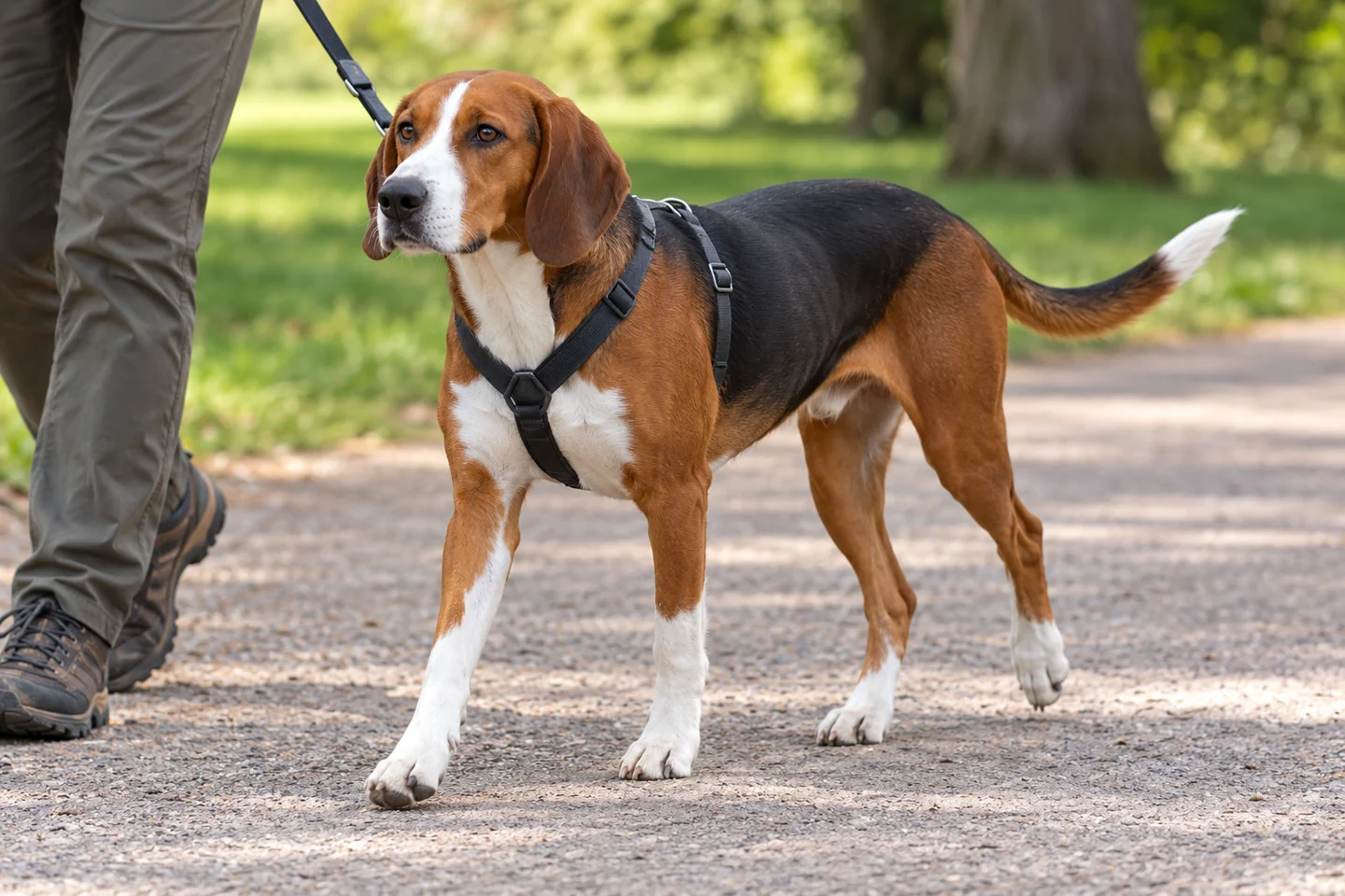 Serbian Tricolour Hound adult walking in a harness beside an adult handler, showing the selected breed type
