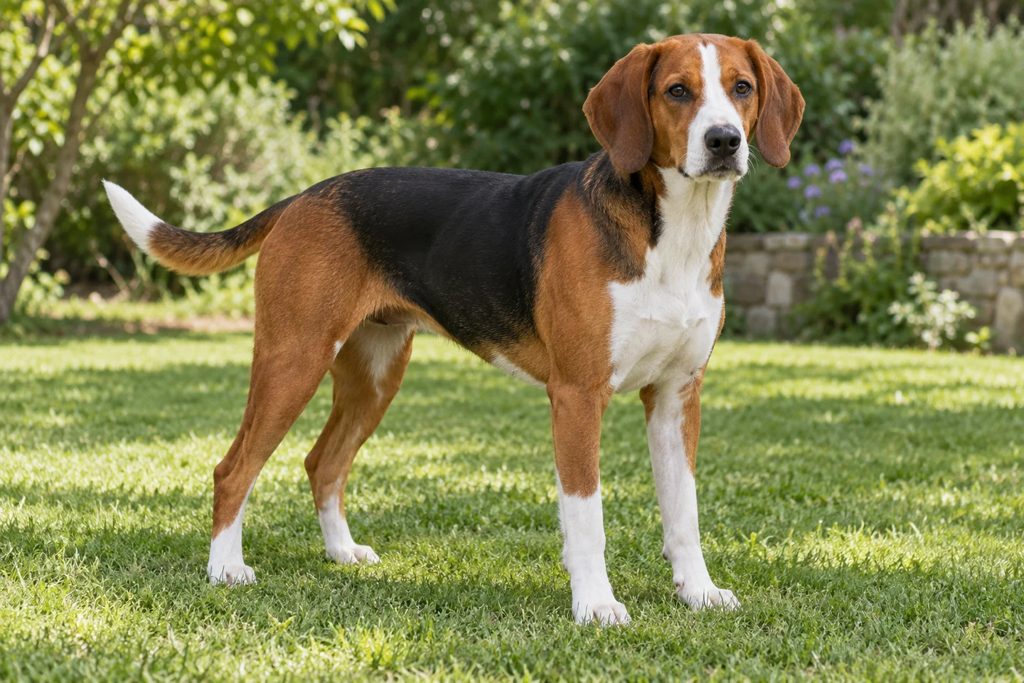 Serbian Tricolour Hound adult standing in a quiet outdoor setting, showing the selected breed type